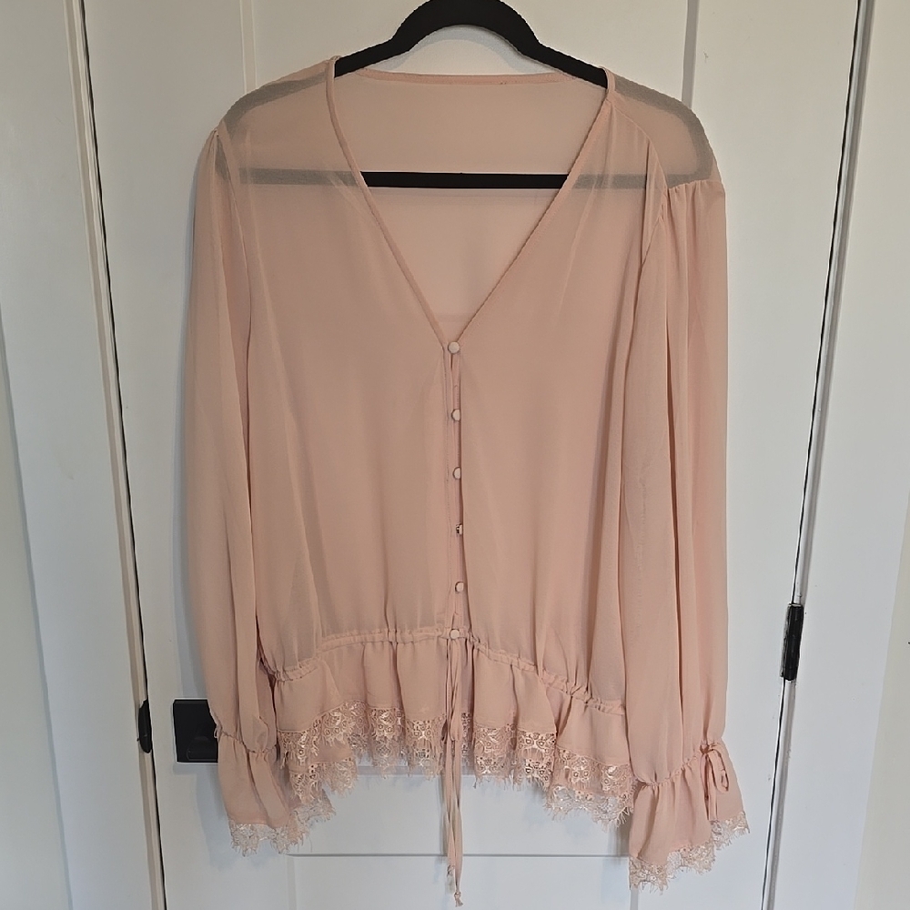 Blush Button-Down Blouse with Lace